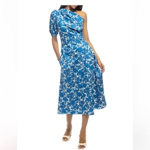 Shoshanna Frida Blue White Floral One-Shoulder Midi-Dress with Pockets Size 6